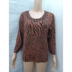 LH Sport Shirt Top Black Brown Animal Print  3/4 Sleeve Sz L Beaded